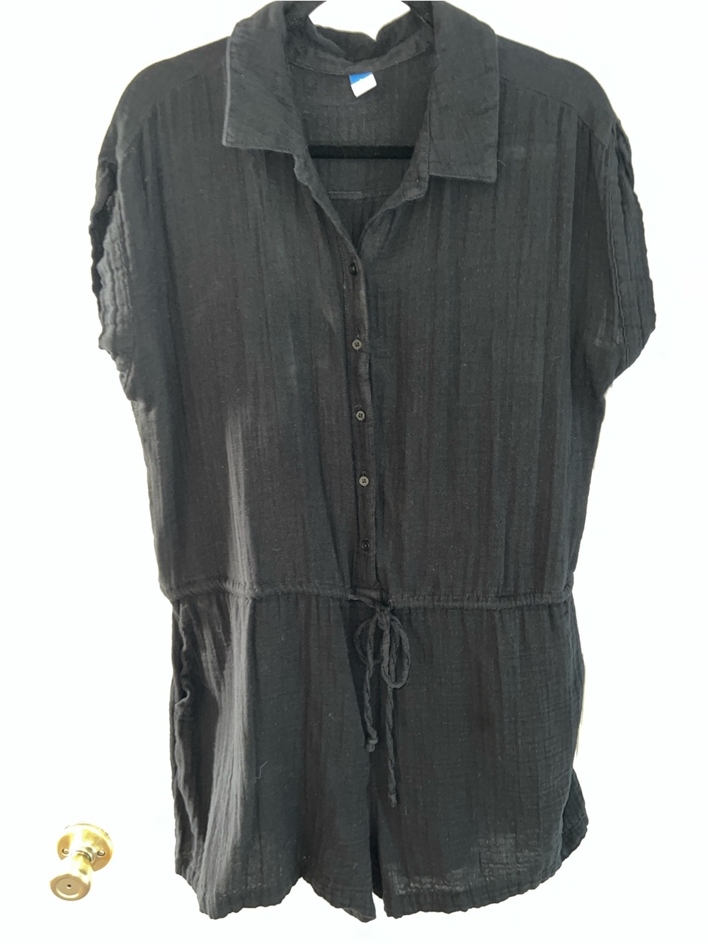 Old Navy Black Crinkle Gauze Short-Sleeve Button-Front Romper Sz L